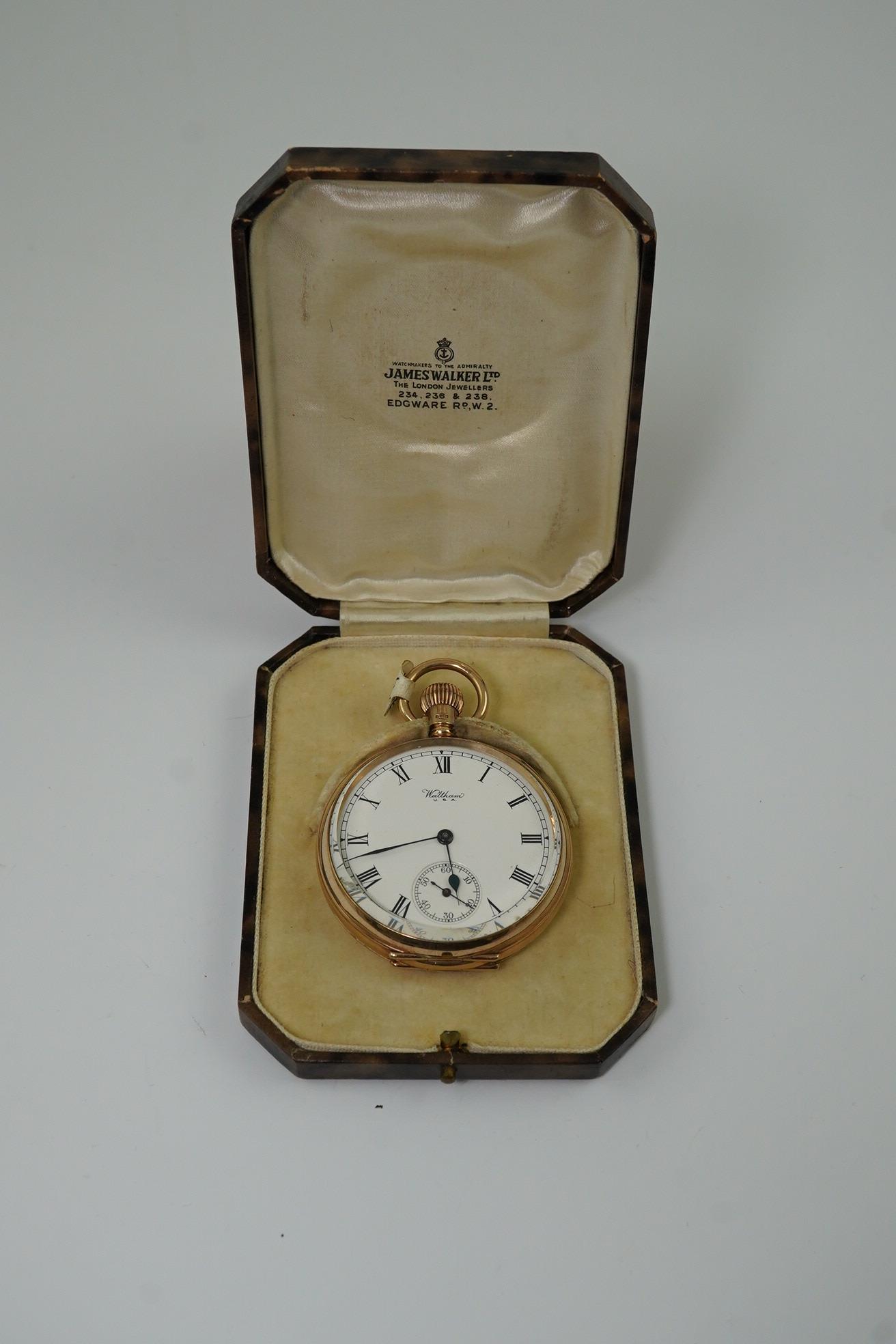 A George V 9ct gold Waltham open faced keyless pocket watch